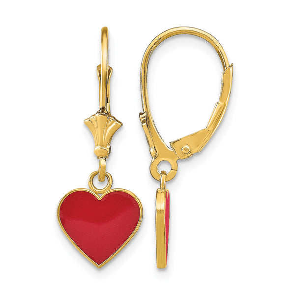 14K Polished Enameled Heart Dangle Leverback Earrings - Birthstone Company