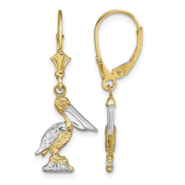 14K and Rhodium 3-D Pelican Standing W/ Leverback Earrings - Birthstone Company