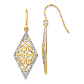14K w/Rhodium Diamond Shape Filigree Dangle Earrings