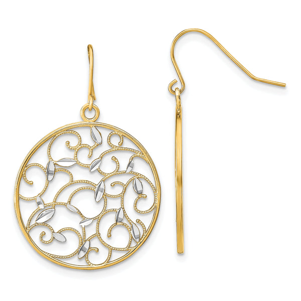 14K w/Rhodium Floral Filigree Medallion Wire Earrings