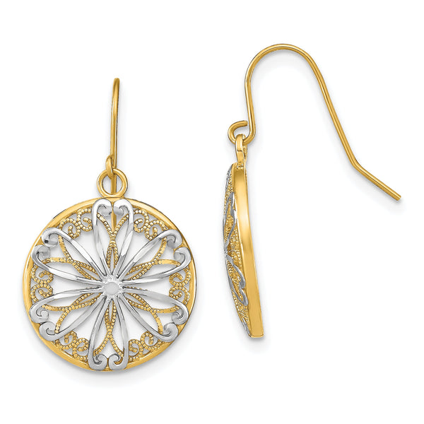 14K w/Rhodium Filigree Medallion Dangle Earrings