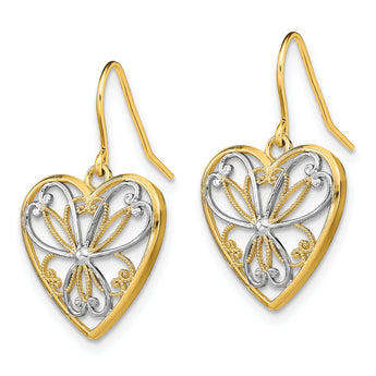 14K w/Rhodium Polished Filigree Heart Shepherd Hook Earrings