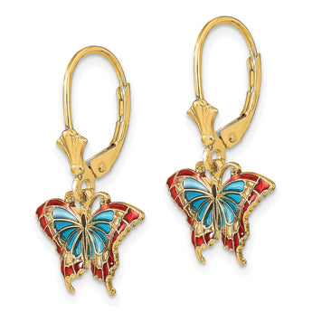 14k w/Blue and Red Enameled Wings Butterfly Leverback Earrings - Birthstone Company