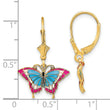 14k w/Blue and Red Enameled Wings Butterfly Leverback Earrings
