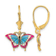 14k w/Blue and Red Enameled Wings Butterfly Leverback Earrings - Birthstone Company