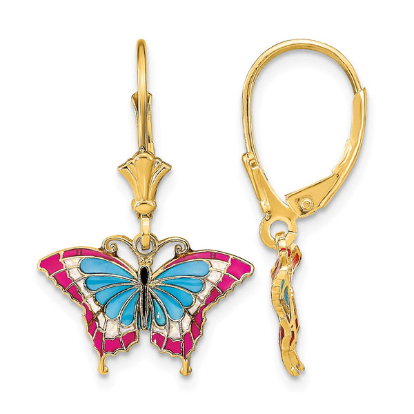 14k w/Blue and Red Enameled Wings Butterfly Leverback Earrings - Birthstone Company