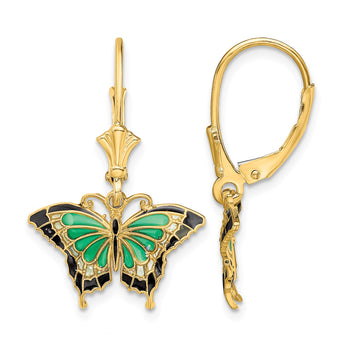 14K Butterfly w/ Green Enameled Wings Leverback Earrings - Birthstone Company