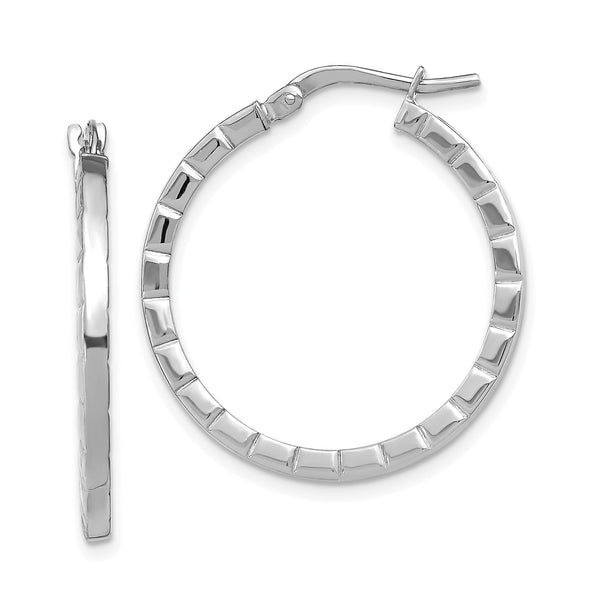 14k White Gold Large Striped Edge Hoop Earrings