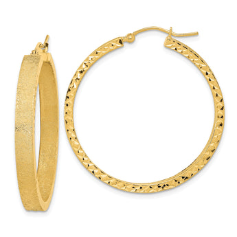 14K Satin and Diamond-cut Hoop Earrings