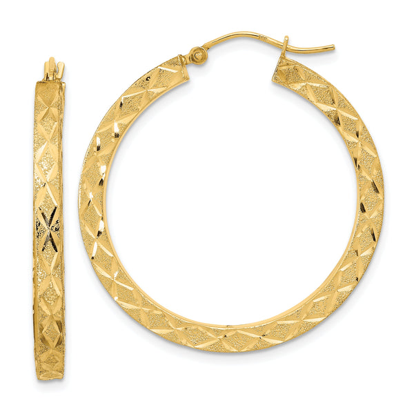 14K Satin Diamond-cut Hoop Earrings