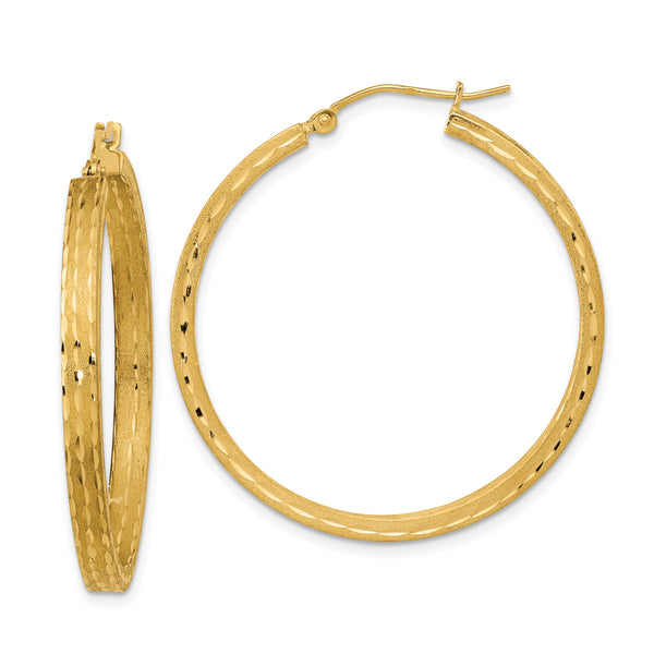 14K Satin and Diamond-cut Hoop Earrings