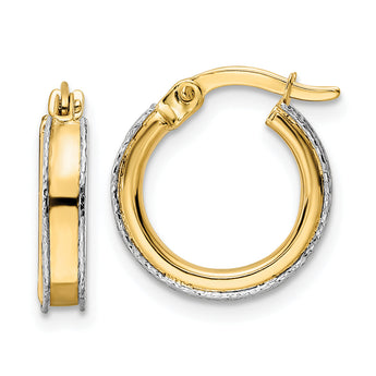 14k Two-tone Diamond-cut Edge 3x14mm Round Hoop Earrings