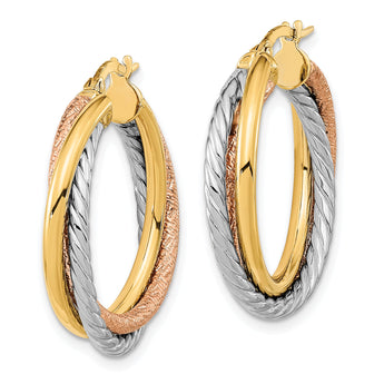 14K w/White and Rose Rhodium Polished and Textured Hoop Earrings
