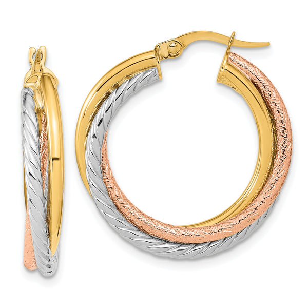 14K w/White and Rose Rhodium Polished and Textured Hoop Earrings
