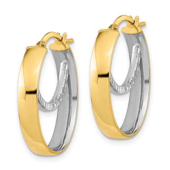14k Two-tone Polished Diamond-cut Fancy Oval Hoop Earrings