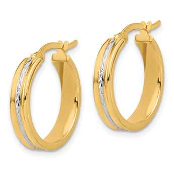 14K w/ White Rhodium Polished and Diamond-cut Hoop Earrings
