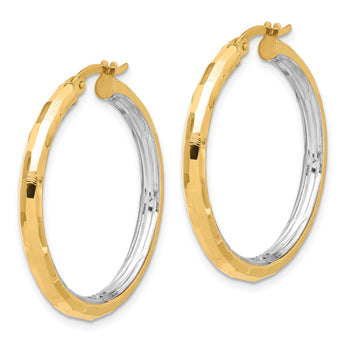 14K with White Rhodium Polished and Diamond-cut Hoop Earrings