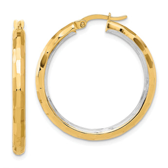 14K with White Rhodium Polished and Diamond-cut Hoop Earrings