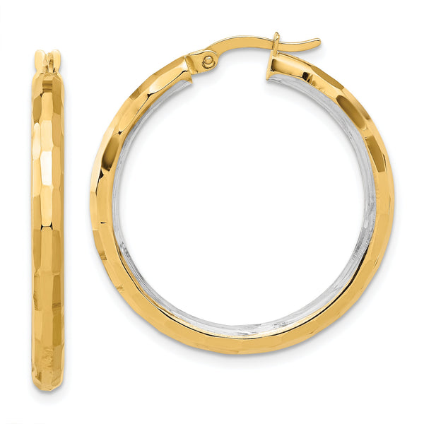 14K with White Rhodium Polished and Diamond-cut Hoop Earrings