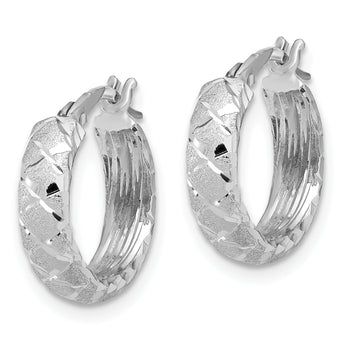 14K White Gold Satin Criss Cross 4mm Diamond Cut Hoop Earrings