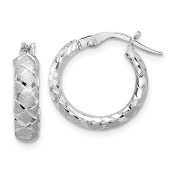 14K White Gold Satin Criss Cross 4mm Diamond Cut Hoop Earrings