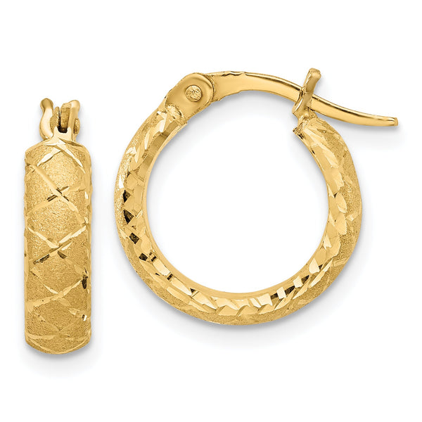 14K Satin Criss Cross 4mm Diamond Cut Hoop Earrings