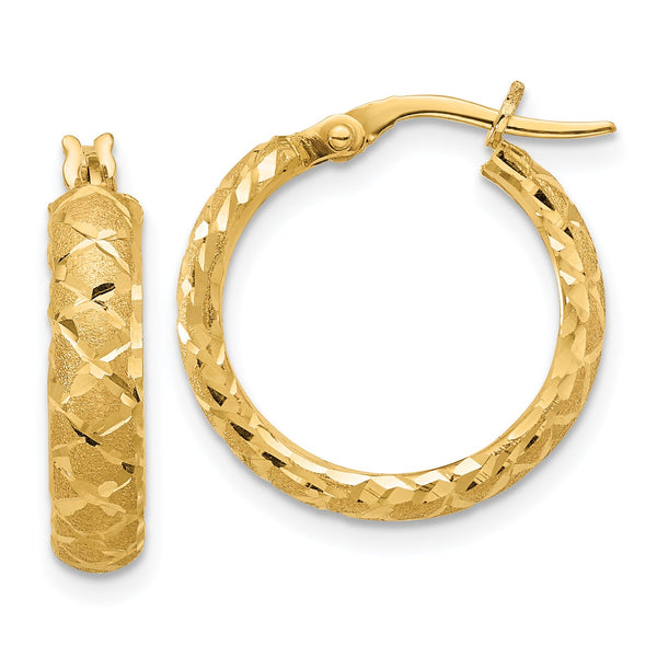 14K Satin Criss Cross 4mm Diamond Cut Hoop Earrings
