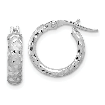 14K White Gold Satin 4mm Diamond Cut Hoop Earrings