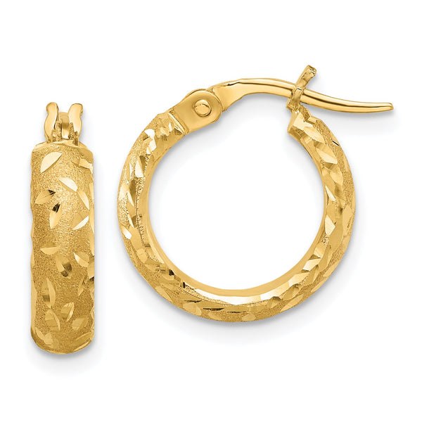 14K Satin 4mm Diamond Cut Hoop Earrings