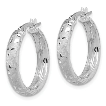 14K White Gold Satin 4mm Diamond Cut Hoop Earrings