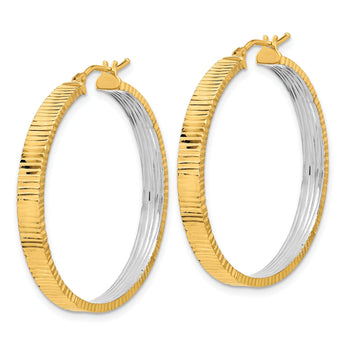14K Polished and Rhodium Diamond-cut Circle Hoop Earrings
