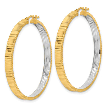 14K Polished and Rhodium Diamond-cut Circle Hoop Earrings