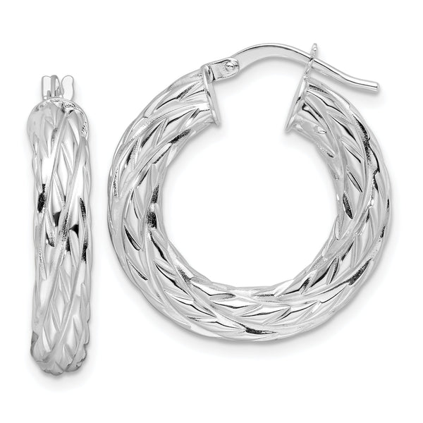 14k White Gold Polished 4.75mm Woven Texture Round Hoop Earrings