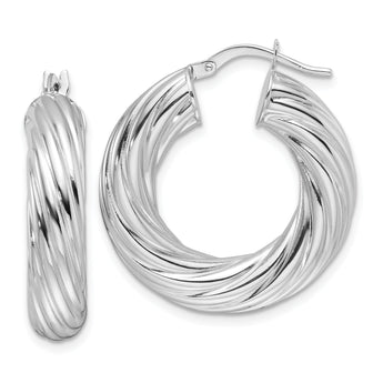 14k White Gold Polished 6mm Twisted Hollow Round Hoop Earrings
