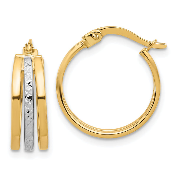 14K Two-tone Polished and Diamond-cut Fancy Hoop Earrings