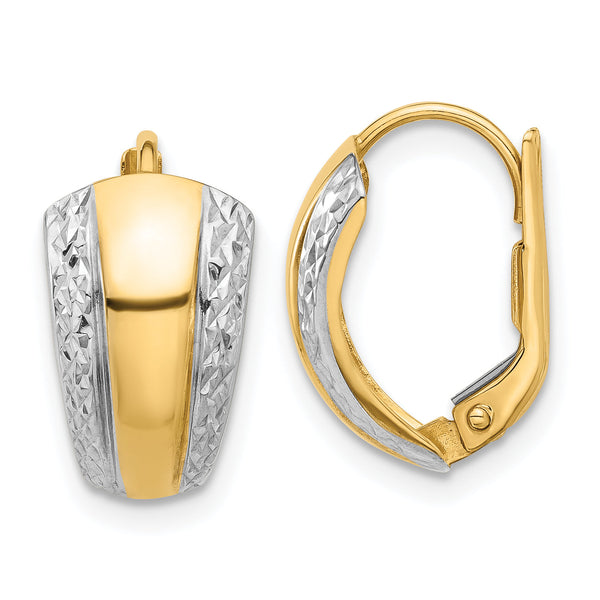 14K with White Rhodium Polished and Diamond-cut Leverback Earrings