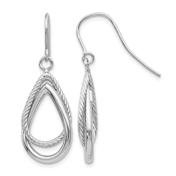 14K White Gold Polished and Textured Teardrop Shepherd Hook Earrings - Birthstone Company