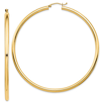14k Polished 3x70mm Lightweight Round Tube Hoop Earrings