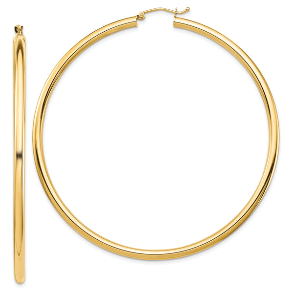 14k Polished 3x70mm Lightweight Round Tube Hoop Earrings