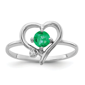 14K White Gold Rhodium Plated Ring with 4mm Emerald and 1.10mm Diamond, Size 6