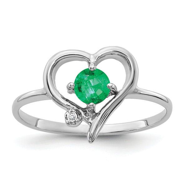 14K White Gold Rhodium Plated Ring with 4mm Emerald and 1.10mm Diamond, Size 6