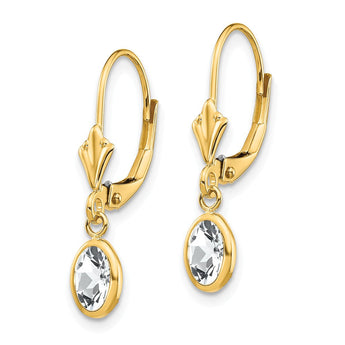 Oval Bezel April/White Topaz Leverback Earrings in 14K Yellow Gold