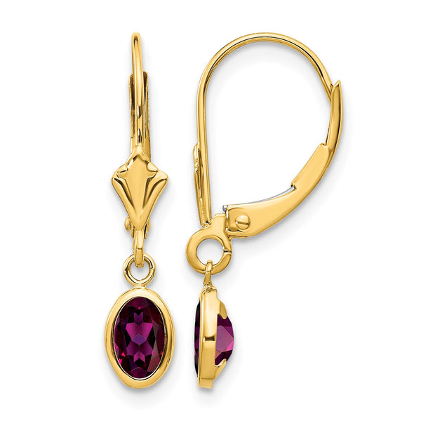 14K 6x4 Oval Bezel June/Rhodolite Leverback Earrings - Birthstone Company