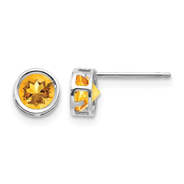 14K White Gold 5mm Bezel Citrine Stud Earrings - Birthstone Company