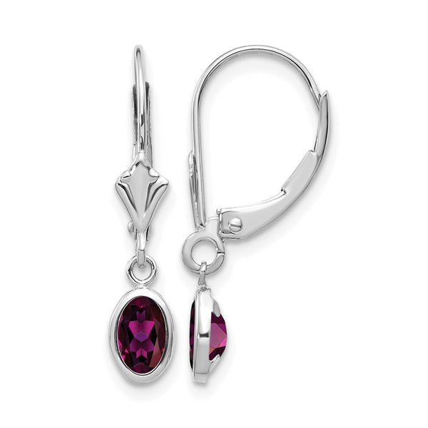 14K White Gold 6x4 Oval Bezel June/Rhodolite Leverback Earrings - Birthstone Company