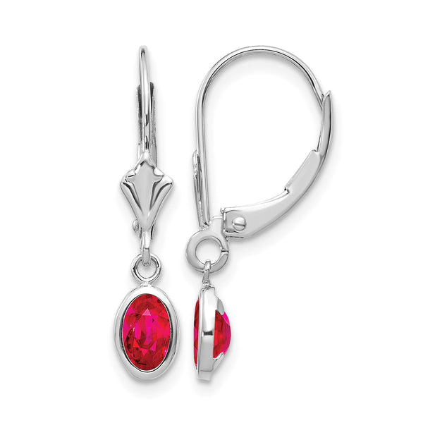 14K White Gold 6x4 Oval Bezel July/Ruby Leverback Earrings - Birthstone Company