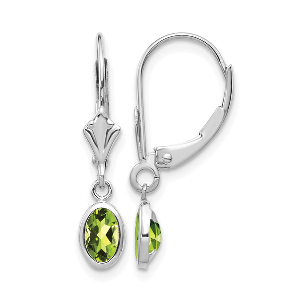 14K White Gold 6x4 Oval Bezel August/Peridot Leverback Earrings - Birthstone Company