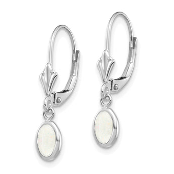 14K White Gold 6x4 Oval Bezel October/Opal Leverback Earrings - Birthstone Company