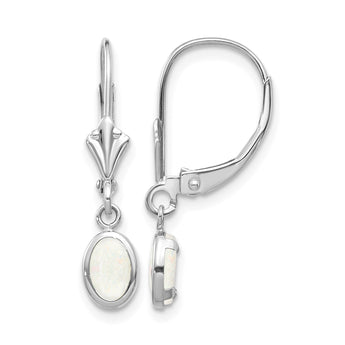 14K White Gold 6x4 Oval Bezel October/Opal Leverback Earrings - Birthstone Company