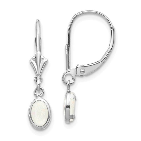 14K White Gold 6x4 Oval Bezel October/Opal Leverback Earrings